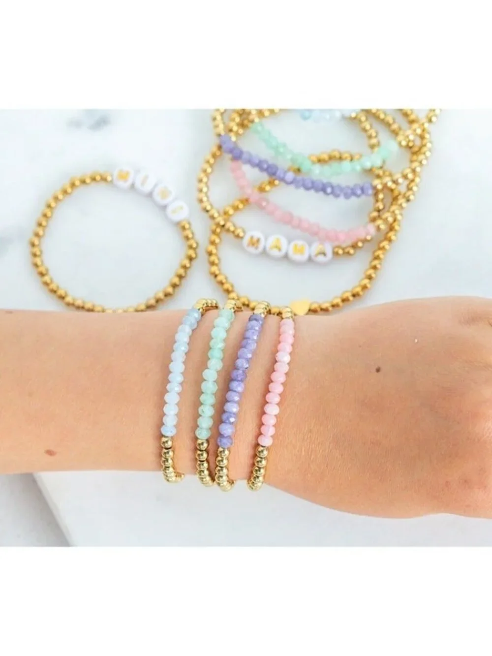 Pink Opal Bracelet Set Waterproof Gold Bracelets Mama & Mini Sizes